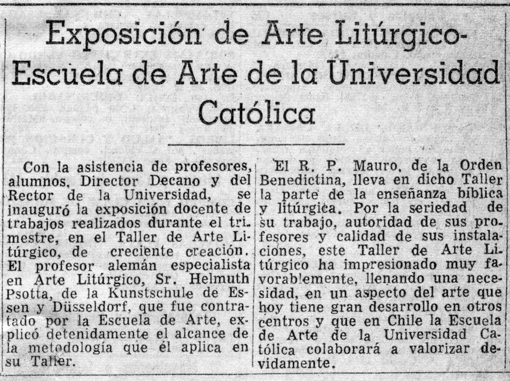 Artikel aus El Mercurio, Santiago de Chile über die erste Ausstellung der Klasse Prof. H.J. Psotta im Mai 1964.