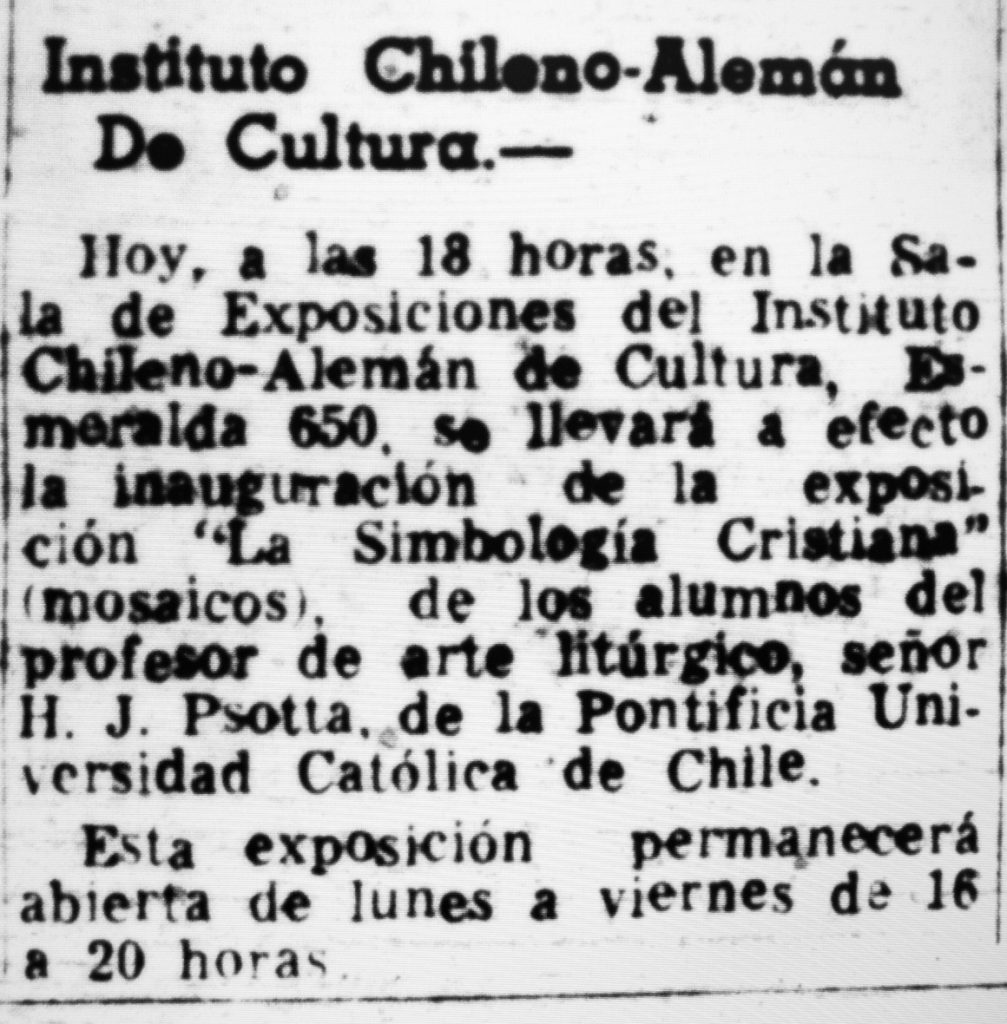 Erwähnung der Ausstellung "La Simbología Cristiana" der Klasse Prof. H.J. Psotta in der Zeitung El Mercurio, 30. Oktober 1964