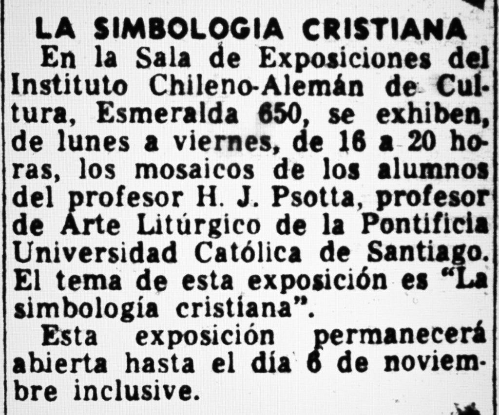Erwähnung der Ausstellung "La Simbologia Cristiana" der Klasse Prof. H.J. Psotta in der Zeitung El Mercurio, 28. Oktober 1964